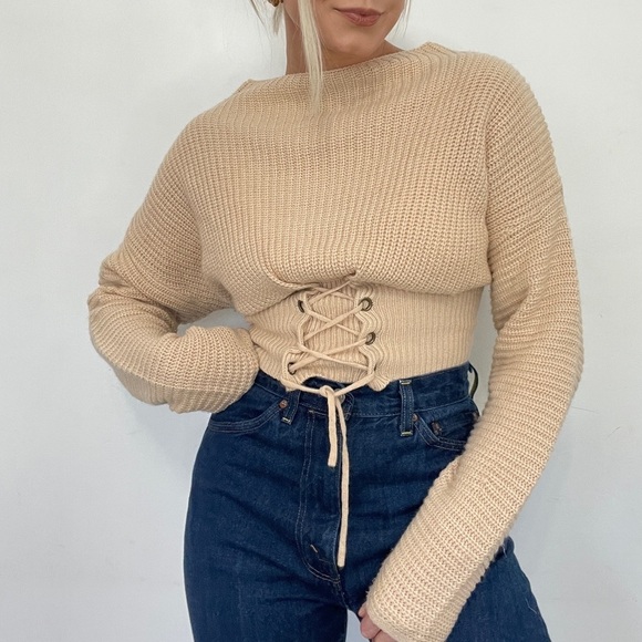 Say What? Sweaters - Ribbed Knit Corset Bustier Wide Neck Sweater Top